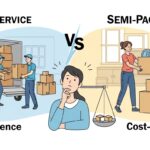 A conceptual image illustrating the choice between two moving options. On one side, a professional moving crew efficiently packing and loading boxes, representing 'full-service moving'. On the other side, a person actively packing their own boxes with some larger items already handled by movers, representing 'semi-packing moving'. In the center, a person looking thoughtful, weighing the pros and cons, with a clear distinction of 'convenience' versus 'cost-saving'. Use a modern, clean art style with a subtle hint of decision-making. Bright and inviting atmosphere.
