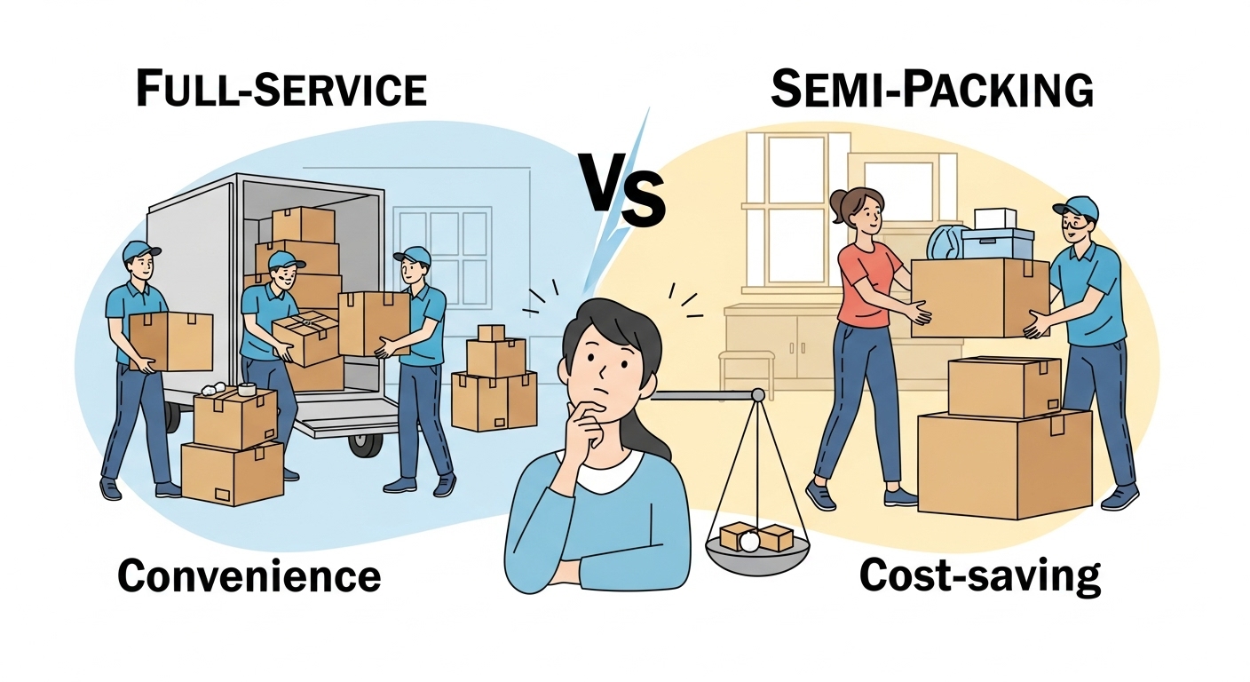 A conceptual image illustrating the choice between two moving options. On one side, a professional moving crew efficiently packing and loading boxes, representing 'full-service moving'. On the other side, a person actively packing their own boxes with some larger items already handled by movers, representing 'semi-packing moving'. In the center, a person looking thoughtful, weighing the pros and cons, with a clear distinction of 'convenience' versus 'cost-saving'. Use a modern, clean art style with a subtle hint of decision-making. Bright and inviting atmosphere.