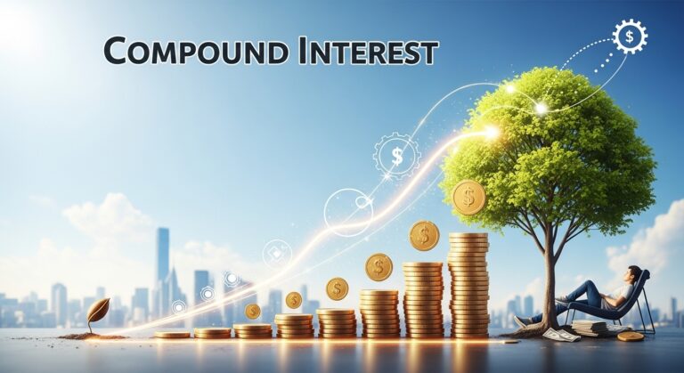 복리 마법으로 자산 증식하는 과정을 시각적으로 보여주는 그래프와 돈다발
