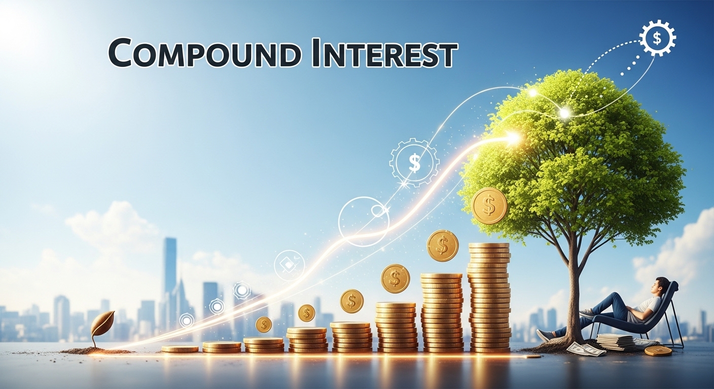 복리 마법으로 자산 증식하는 과정을 시각적으로 보여주는 그래프와 돈다발