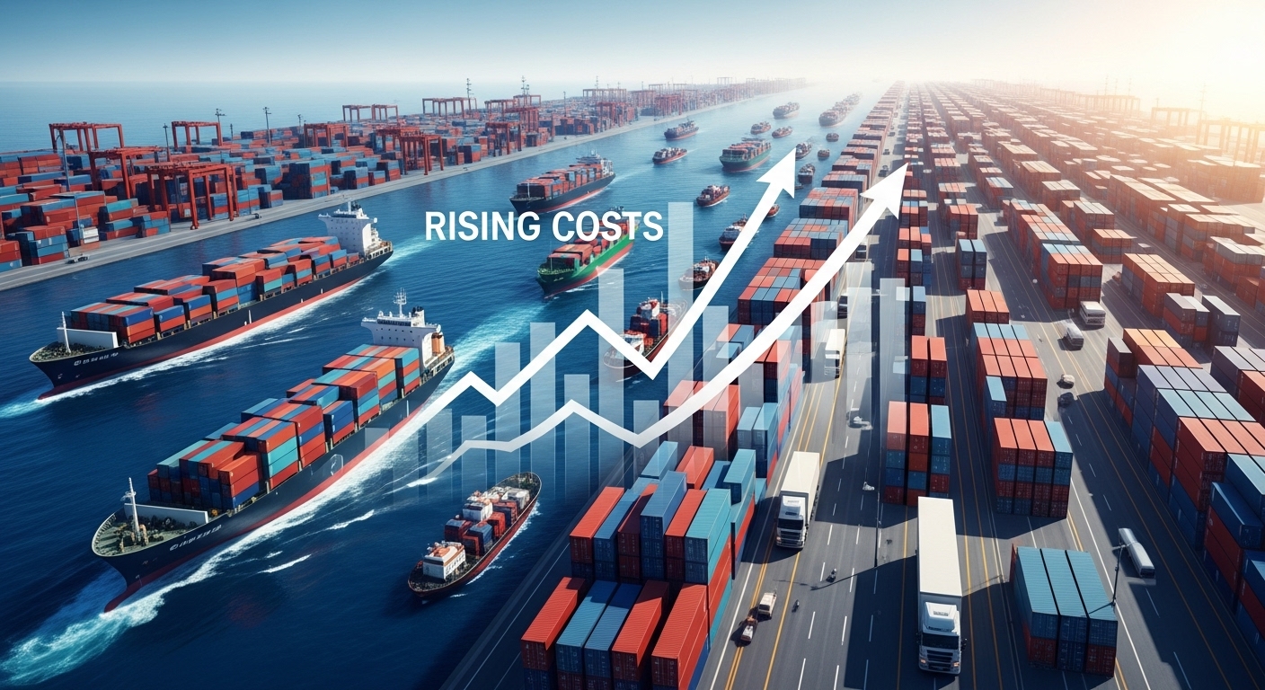 글로벌 물류비 상승 원인을 보여주는 복잡한 공급망 이미지