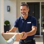 베테랑 배송기사 고객응대: 친절하게 소포를 전달하는 모습