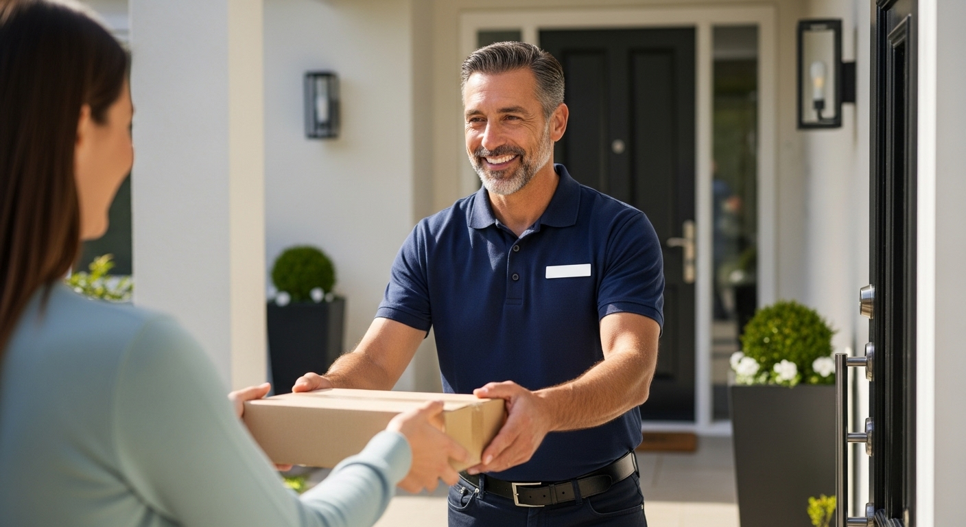 베테랑 배송기사 고객응대: 친절하게 소포를 전달하는 모습